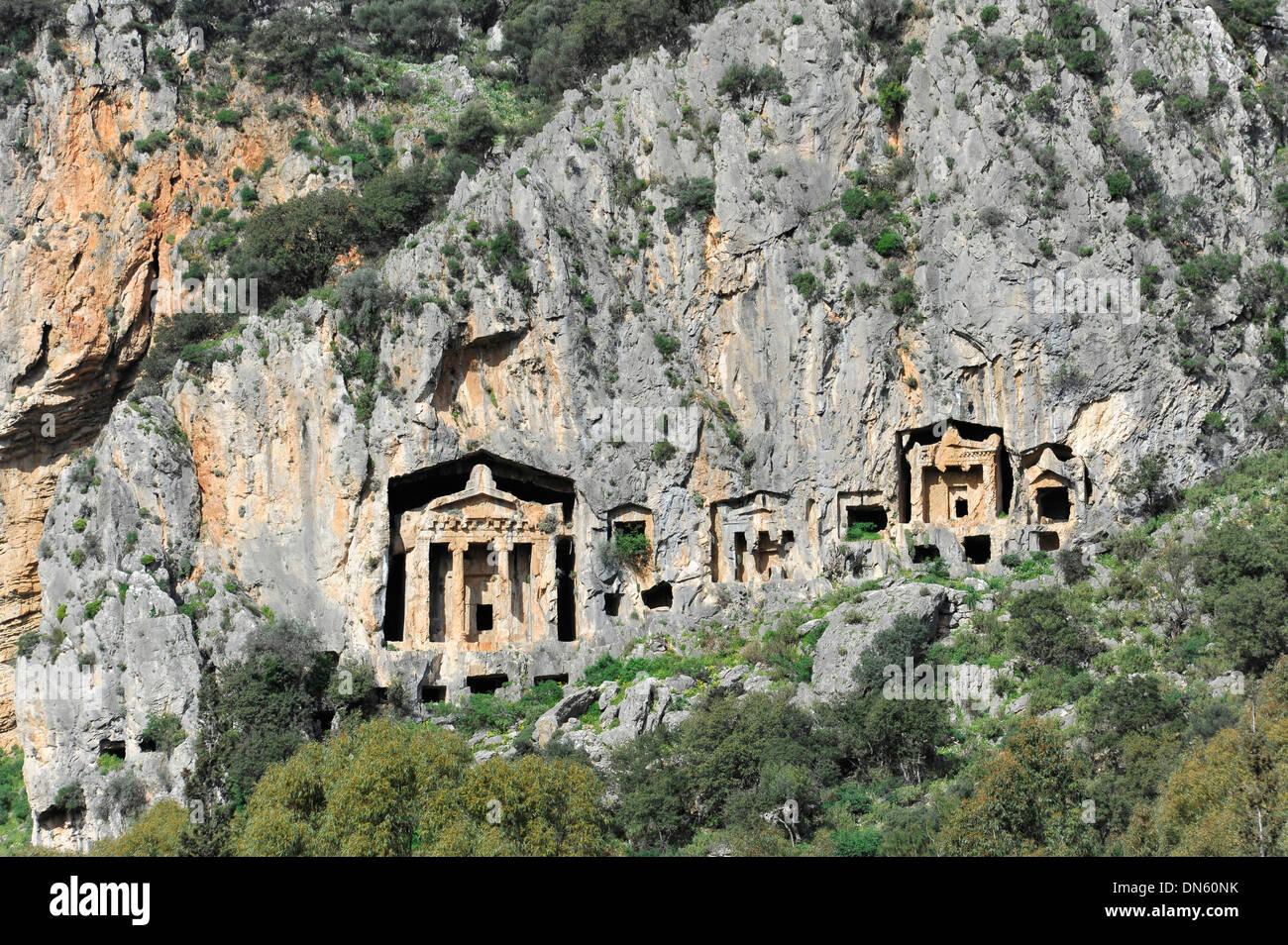 Le tombe di roccia della antica città di Kaunos vicino a Dalyan, Muğla Provincia, Turchia Foto Stock