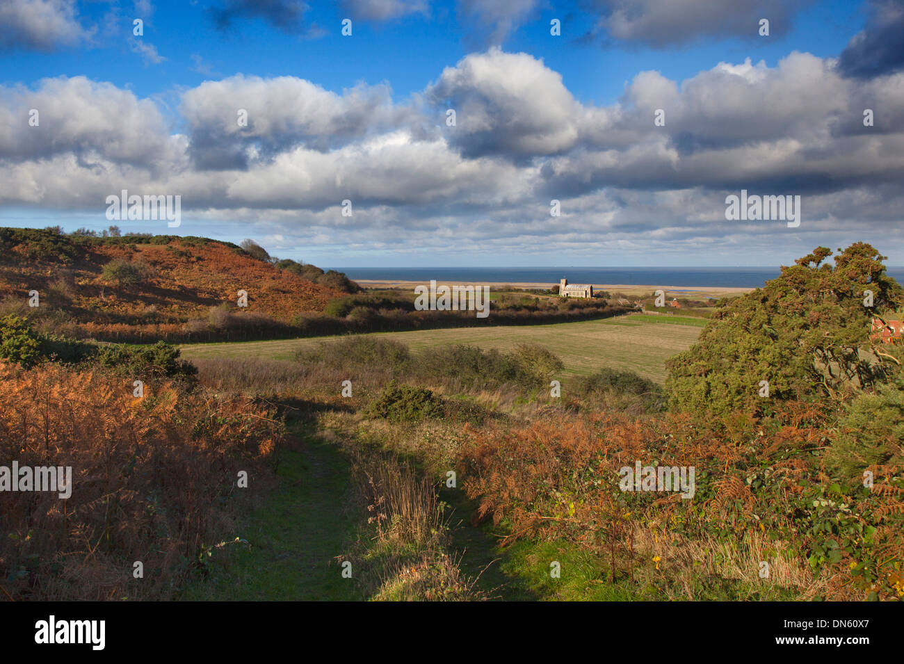 Salthouse chiesa e la Costa North Norfolk da Salthouse heath autunno Foto Stock