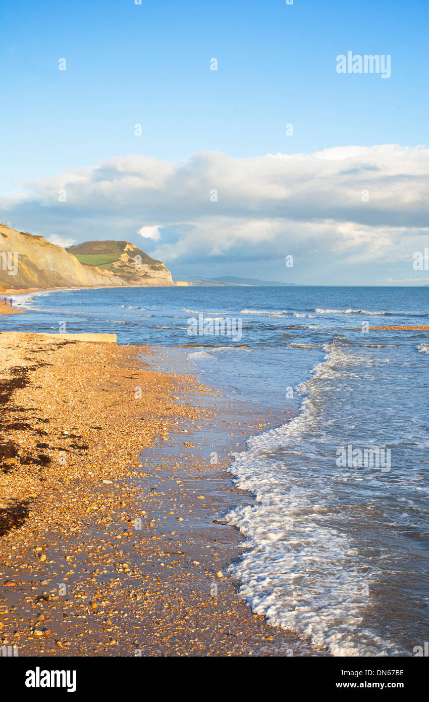 Vista di Golden Cap su Jurassic Coast, Dorset, Inghilterra visto dal Charmouth. Foto Stock