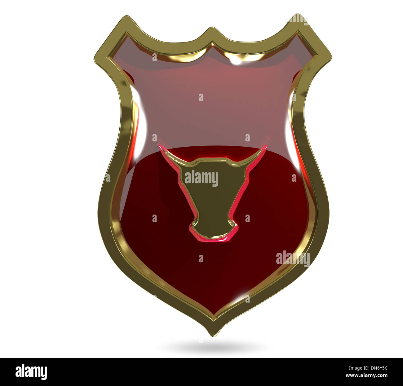 3d illustrazione di un astratto scudo dorato con la Red Bull Foto Stock