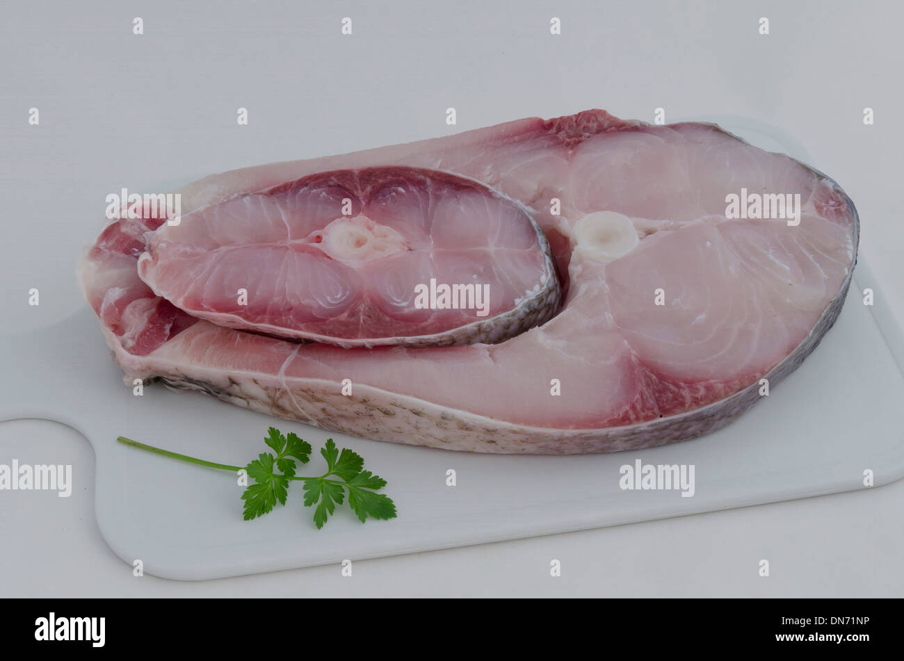 Fresh gustoso pesce tagliato a pezzi rotondi Foto Stock