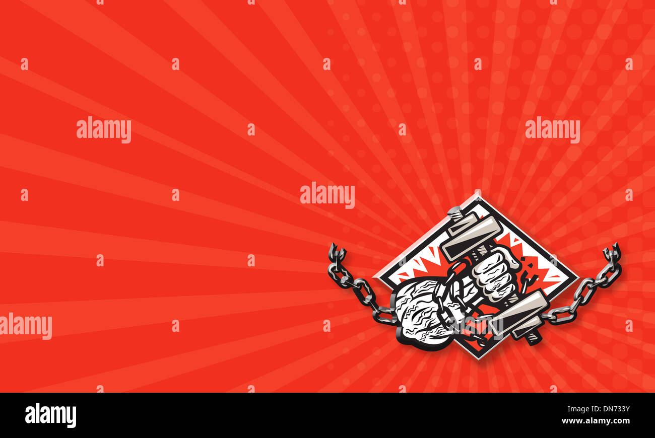 Business card template mostra illustrazione di un uomo forte strappati a mano attraverso la rottura con manubri legati in catene la rottura Foto Stock