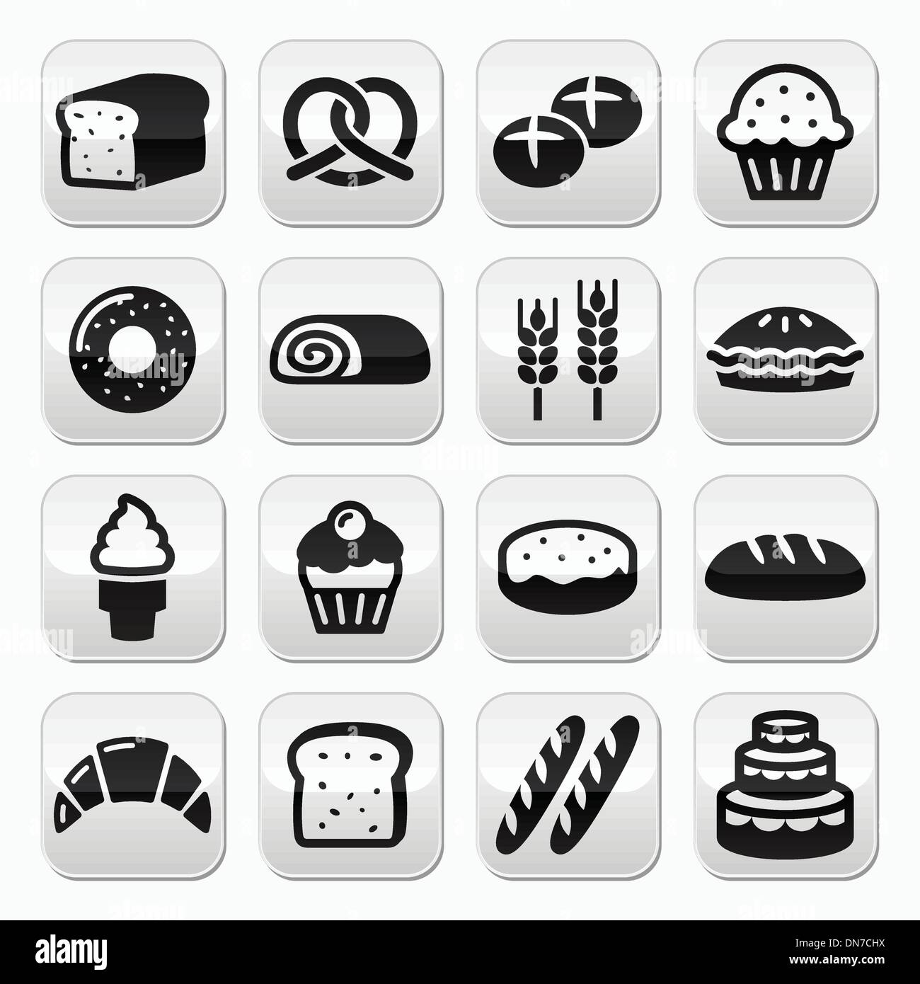 Panetteria, pasticceria i pulsanti impostati - pane, ciambella, torta, tortina Illustrazione Vettoriale