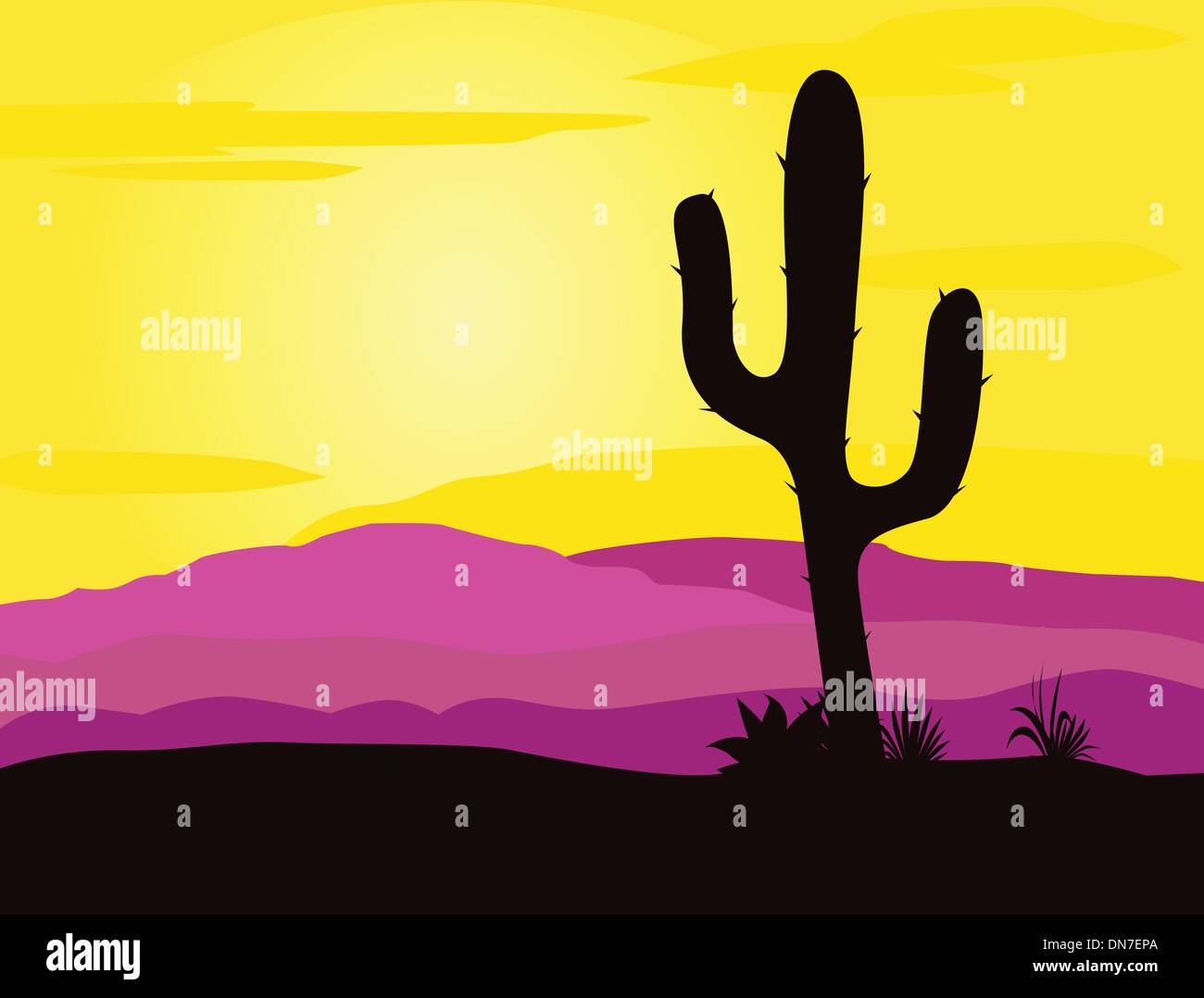 Messico tramonto nel deserto con i cactus silhouette e montagne Illustrazione Vettoriale