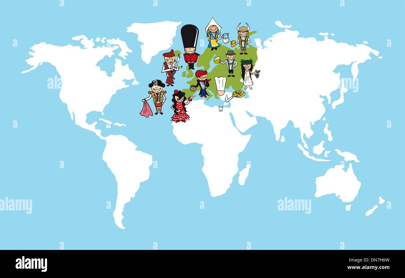 Europa persone cartoons mappa Mondo illustrazione di diversità. Illustrazione Vettoriale