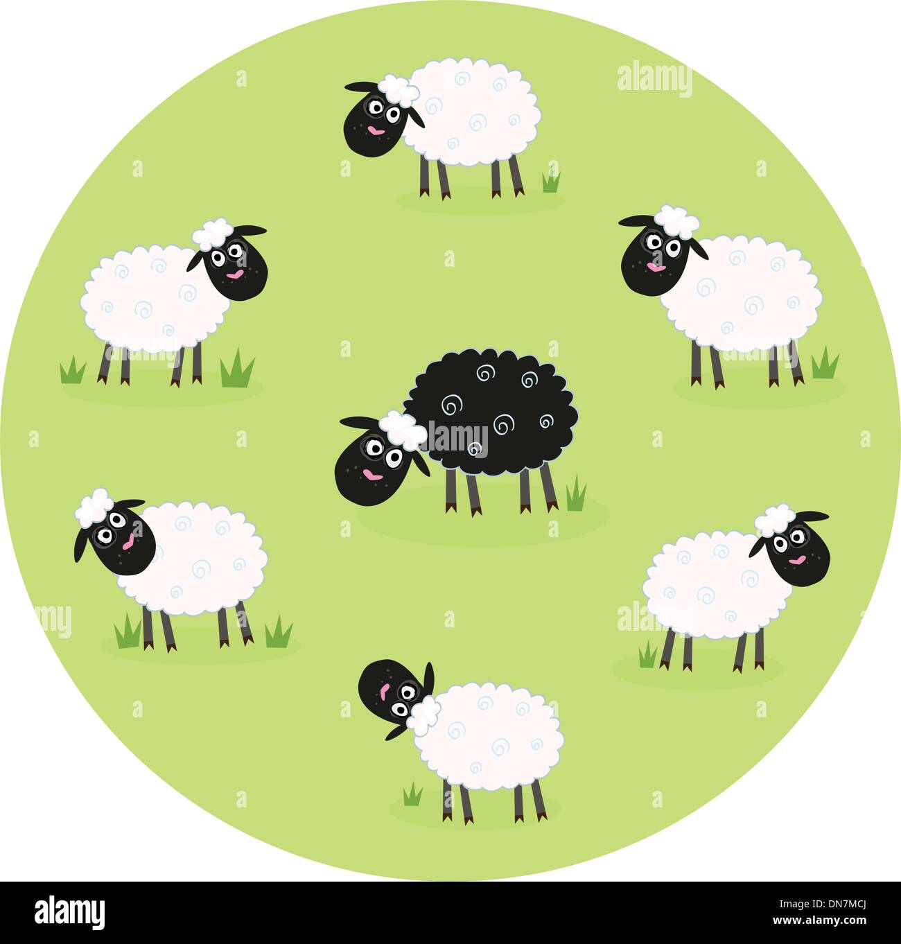 Una pecora nera è solitario nel mezzo del bianco pecore family Illustrazione Vettoriale