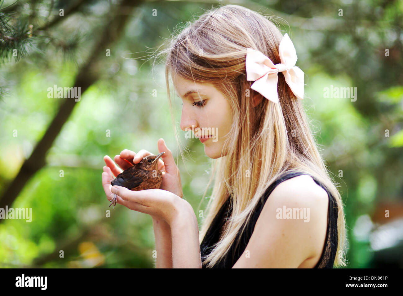 Ragazza giovane con uccello in mano Foto Stock