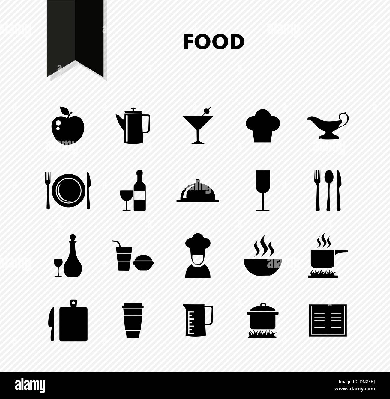 Isolato nero cibo icona menu set. Illustrazione Vettoriale