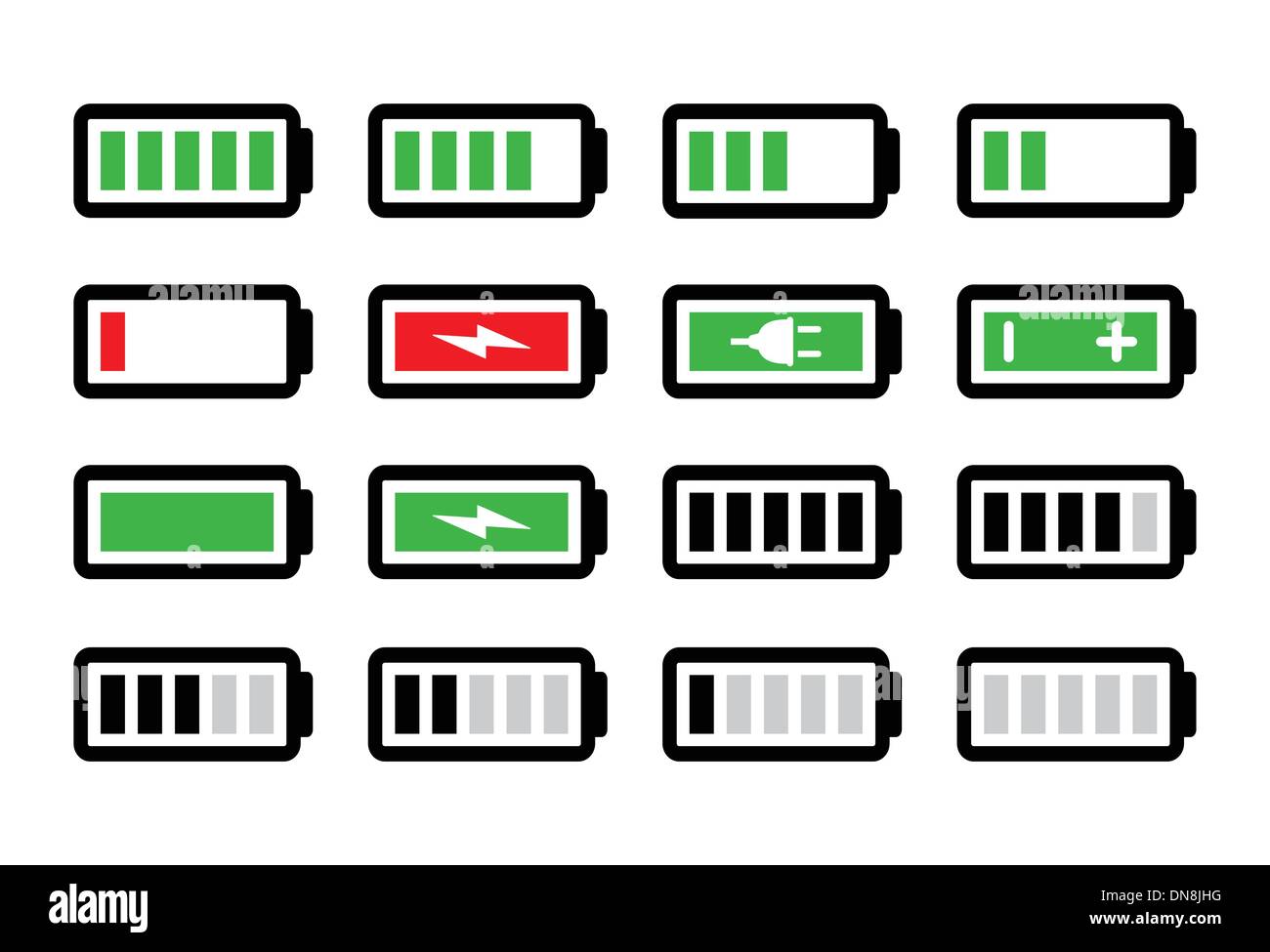 Livello di carica della batteria del vettore set di icone Illustrazione Vettoriale