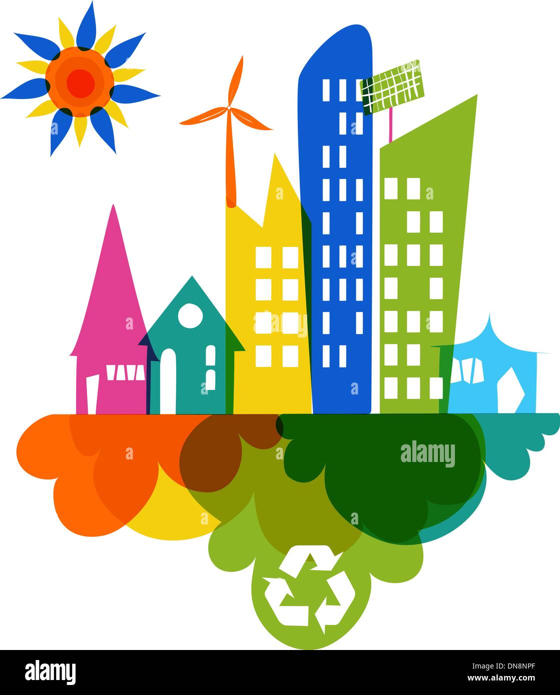 Go Green colorata città icona di riciclo Illustrazione Vettoriale