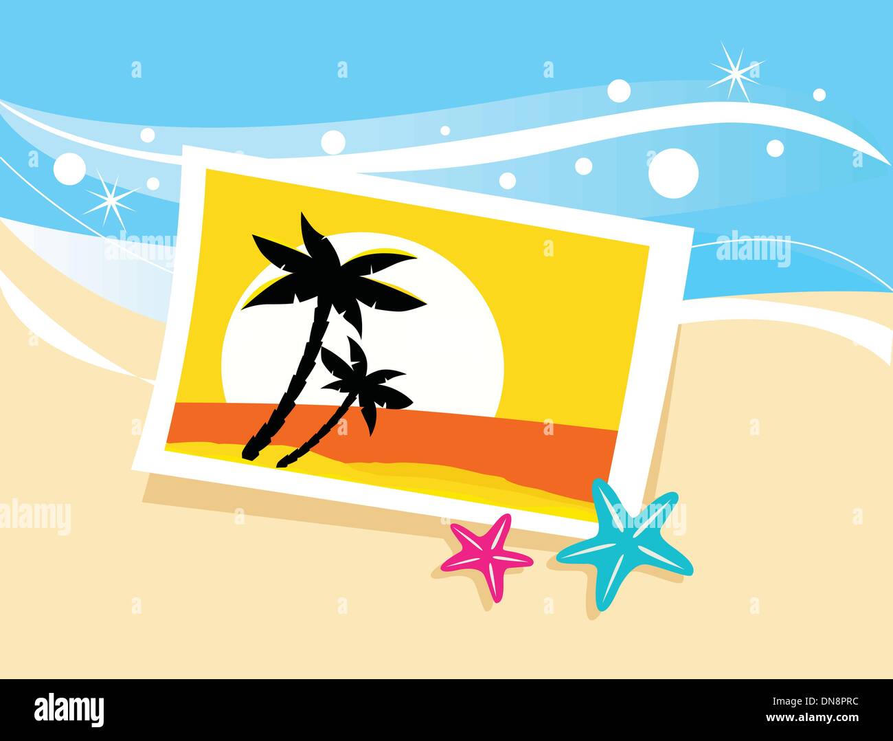 Foto di vacanza con palme tropicali e il tramonto sulla spiaggia Illustrazione Vettoriale