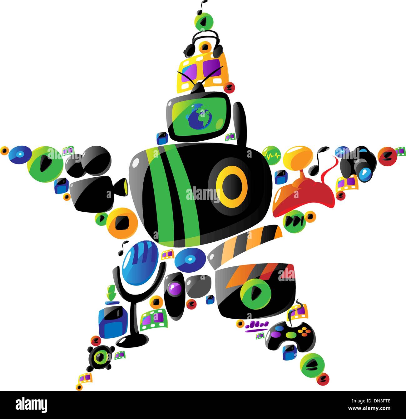 Colorato intrattenimento e musica icone nella forma a stella Illustrazione Vettoriale