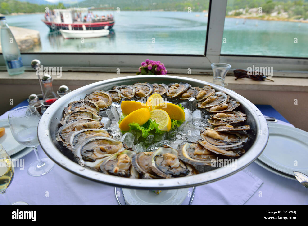 Un piatto di due dozzine di servito fresco ostriche nella famosa waterside croato Bota Sare ristorante, a Mali Ston, Croazia Foto Stock