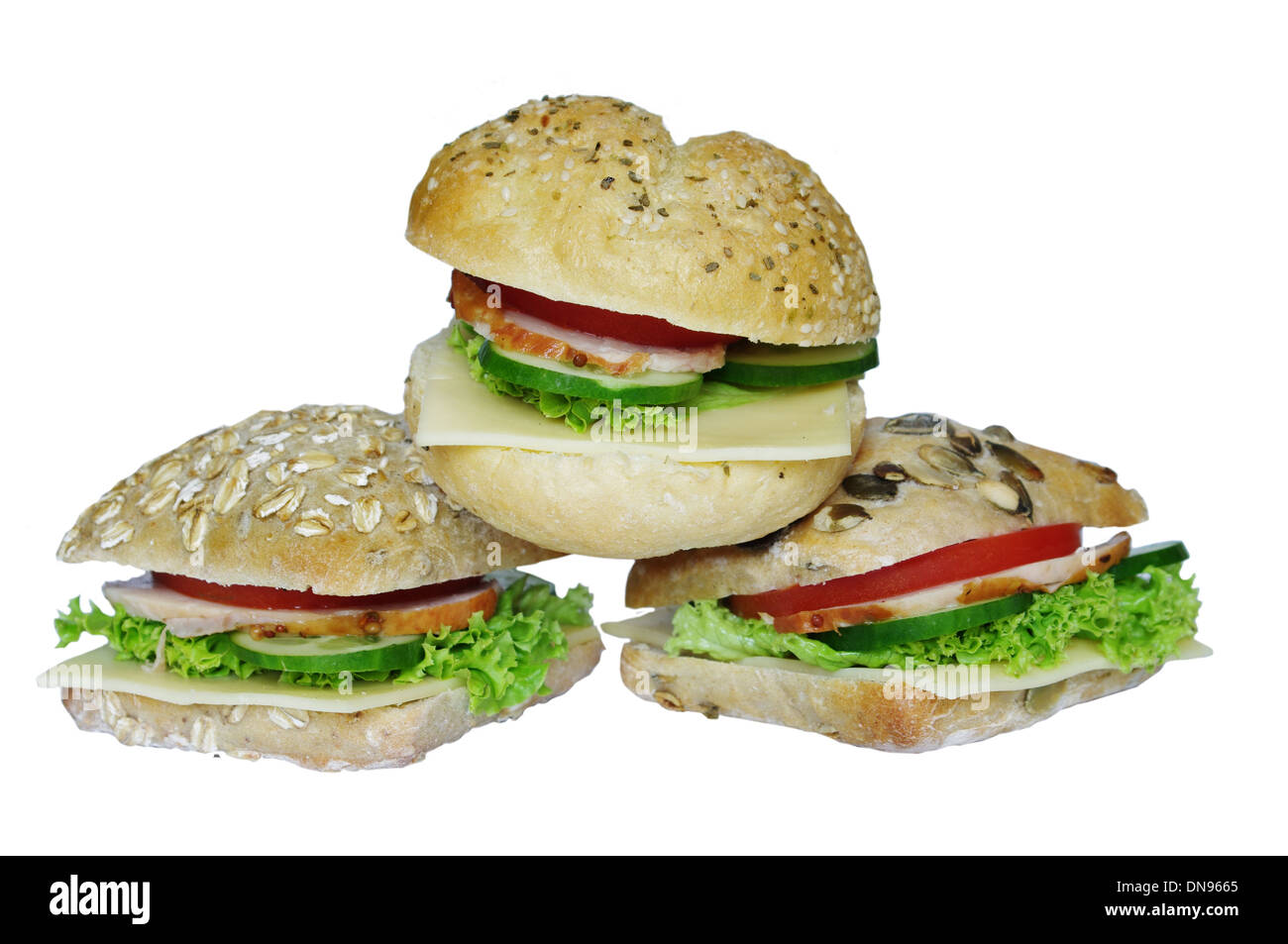 Foto tre sandwich appetitosi su sfondo bianco Foto Stock