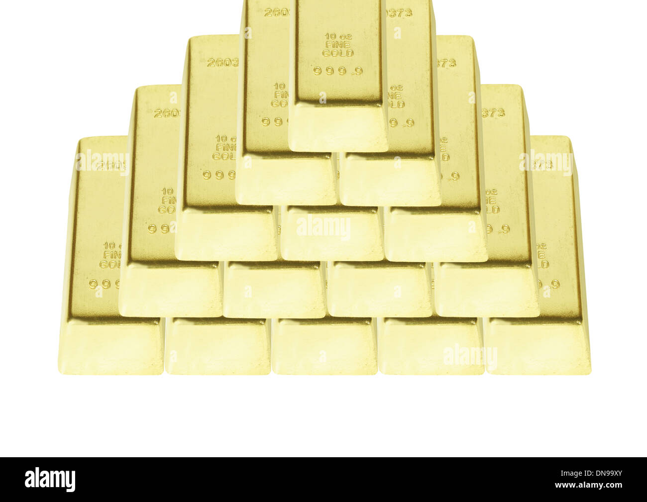 La piramide da barre di oro su sfondo bianco Foto Stock