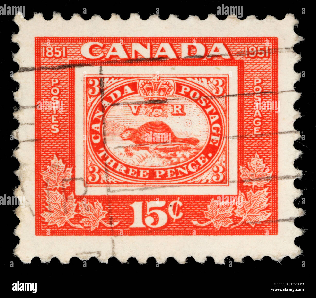 CANADA - circa 1951: un timbro stampato in Canada emesso per il centenario del primo Canadian francobollo Foto Stock