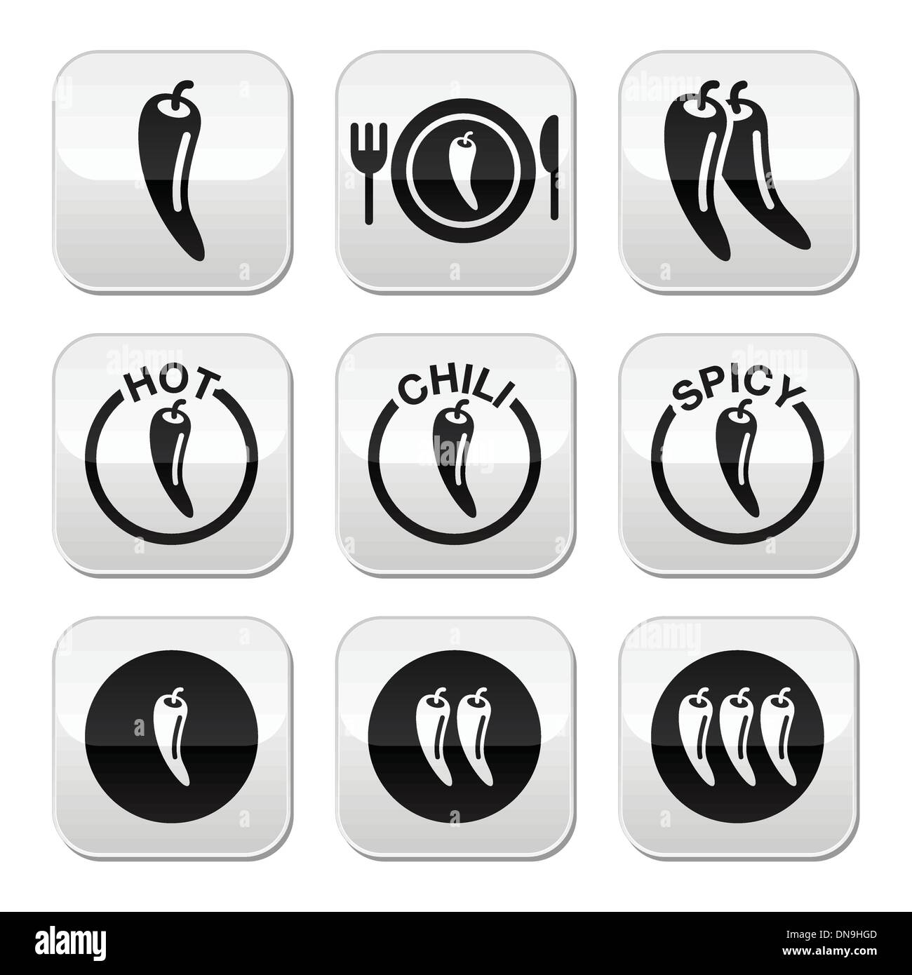 Il peperoncino, il caldo e il cibo piccante i pulsanti impostati Illustrazione Vettoriale