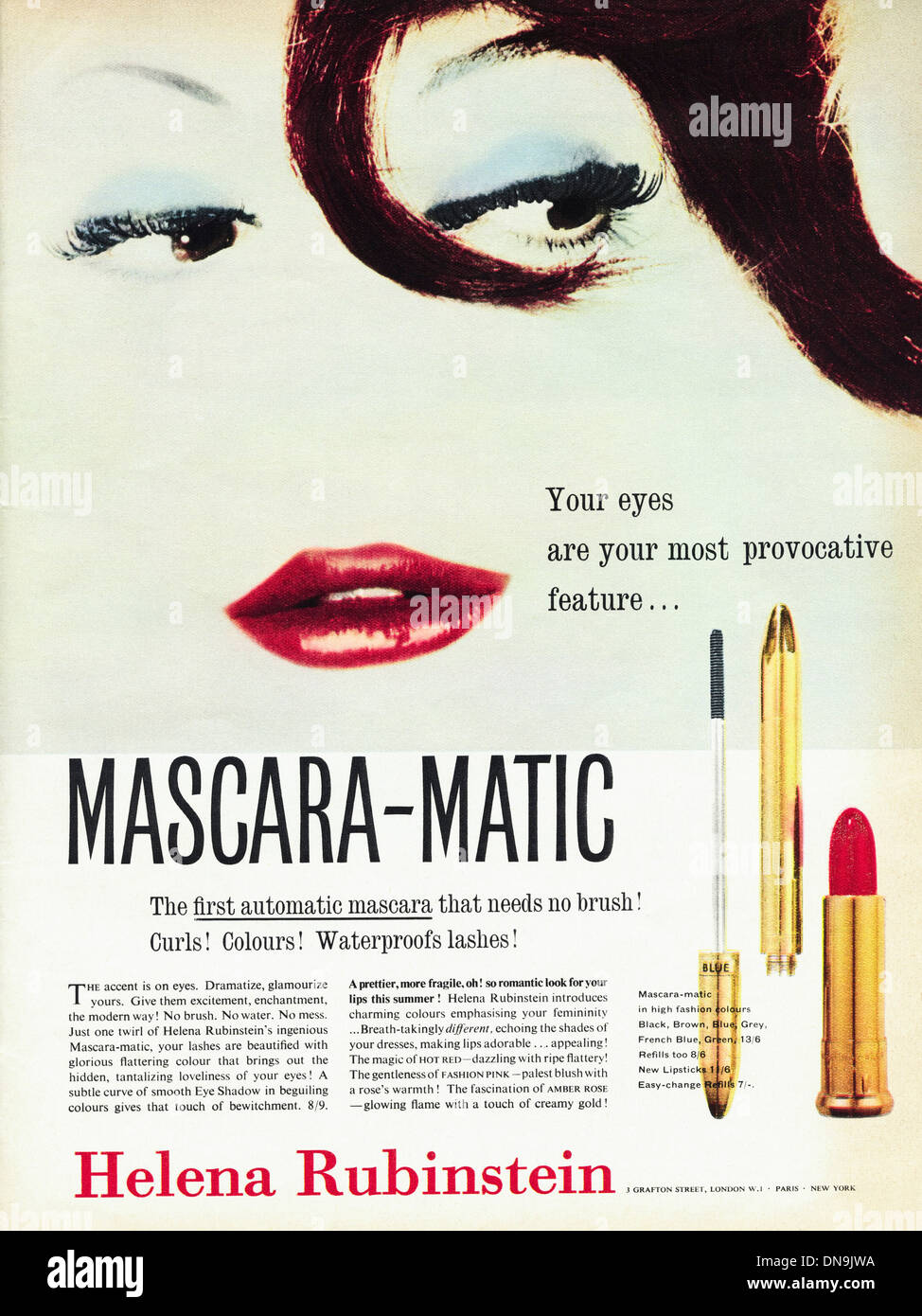 Anni Cinquanta la pubblicità. Vintage originale di moda femminile annuncio rivista per i prodotti cosmetici di HELENA RUBINSTEIN Foto Stock