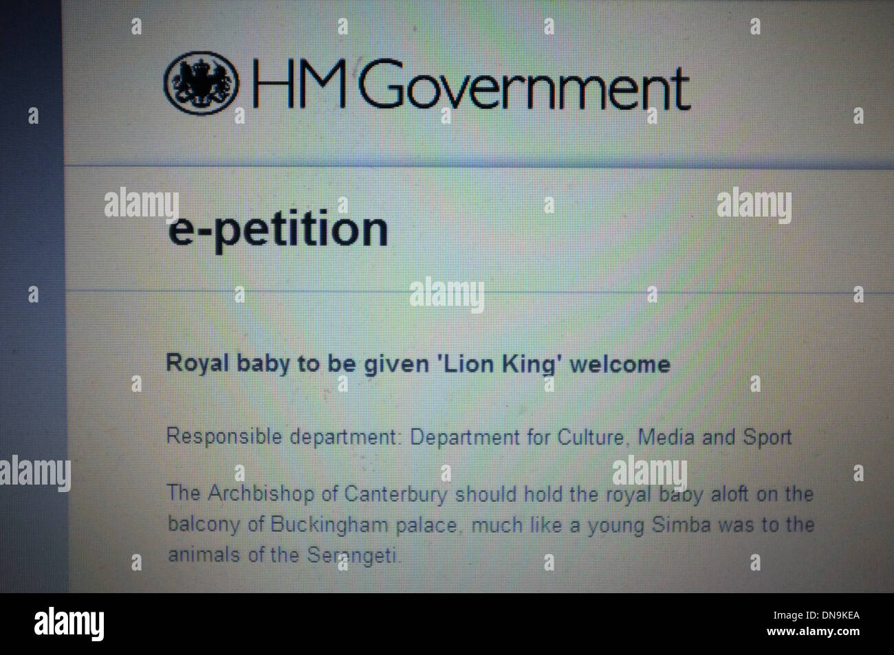 Una petizione il governo britannico sito web di chiamata per il nuovo Royal baby per essere dato un re Leone benvenuti. Foto Stock