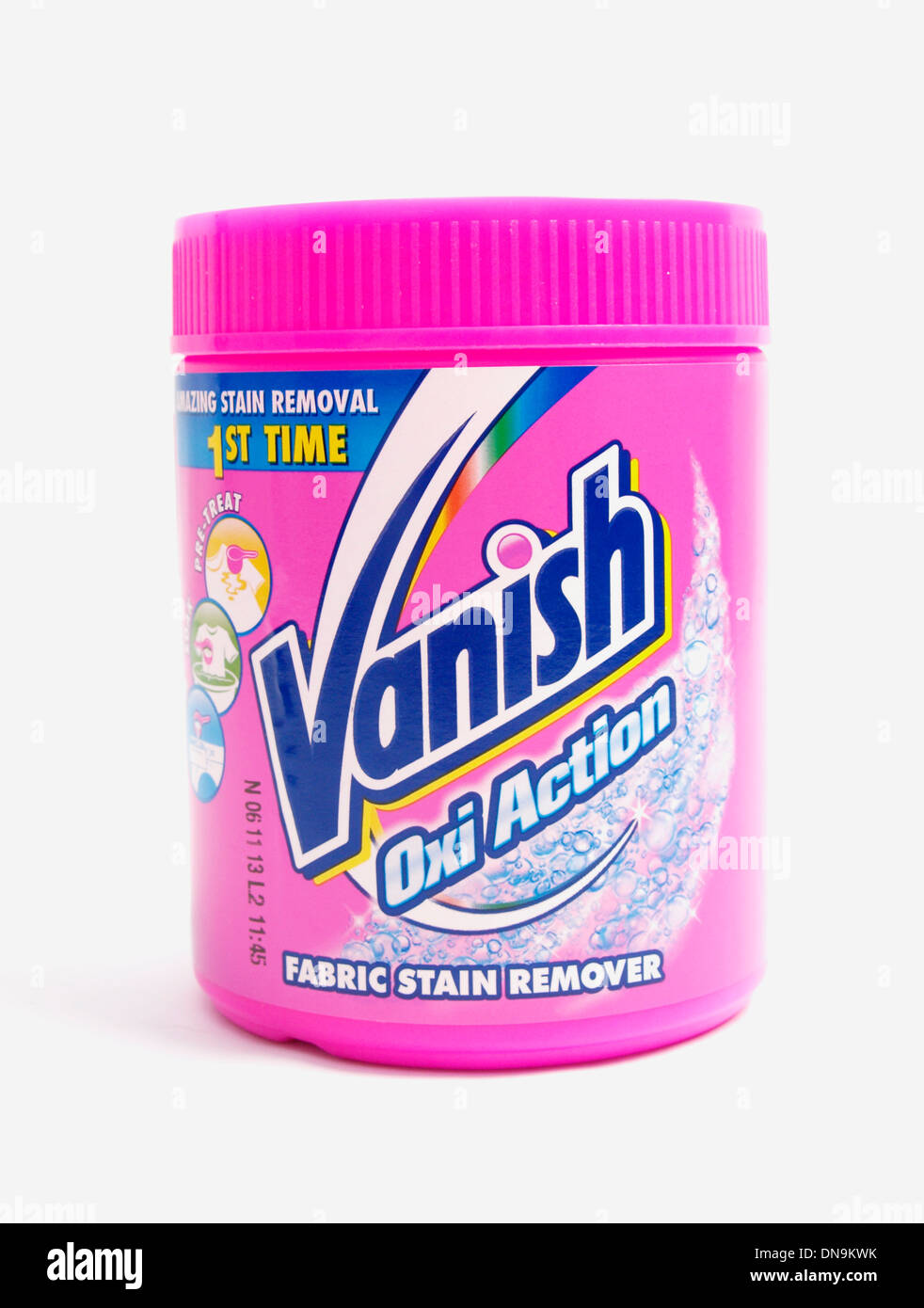 Vanish Oxi Action tessuto smacchiatore su sfondo bianco Foto Stock