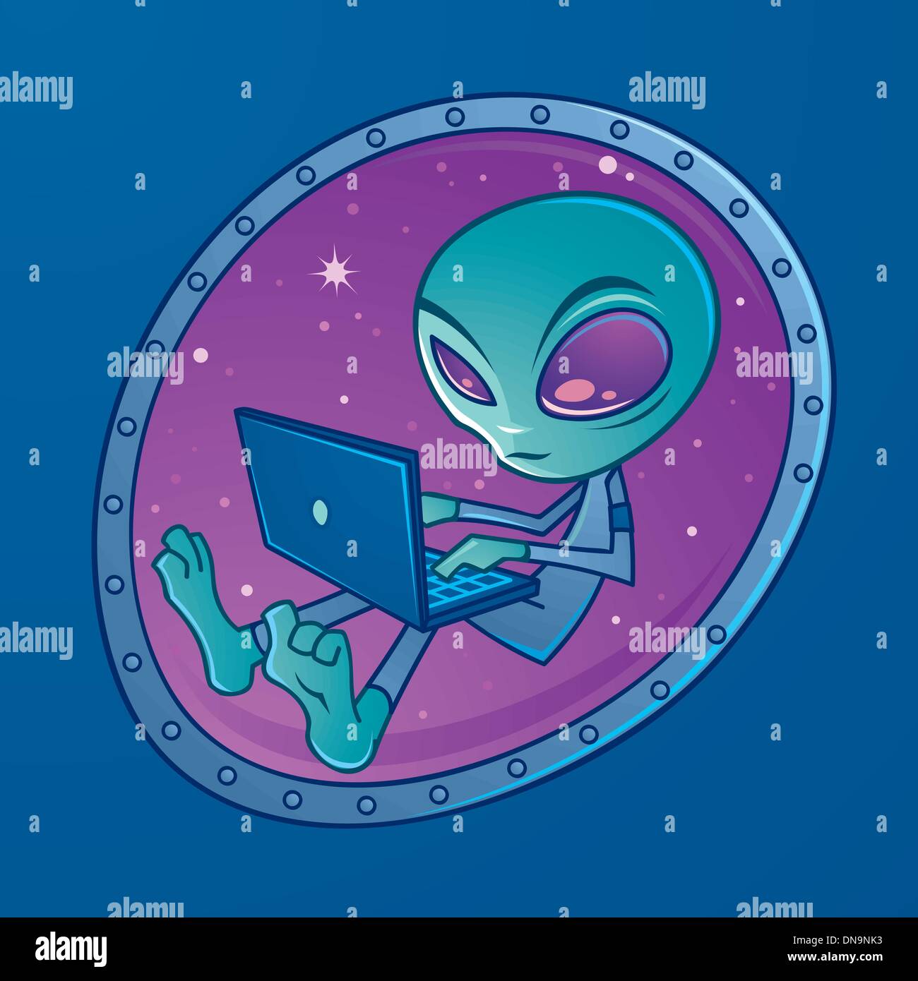 Alieni con un computer portatile che galleggia nello spazio. Disegnato in  stile cartoni animati Immagine e Vettoriale - Alamy