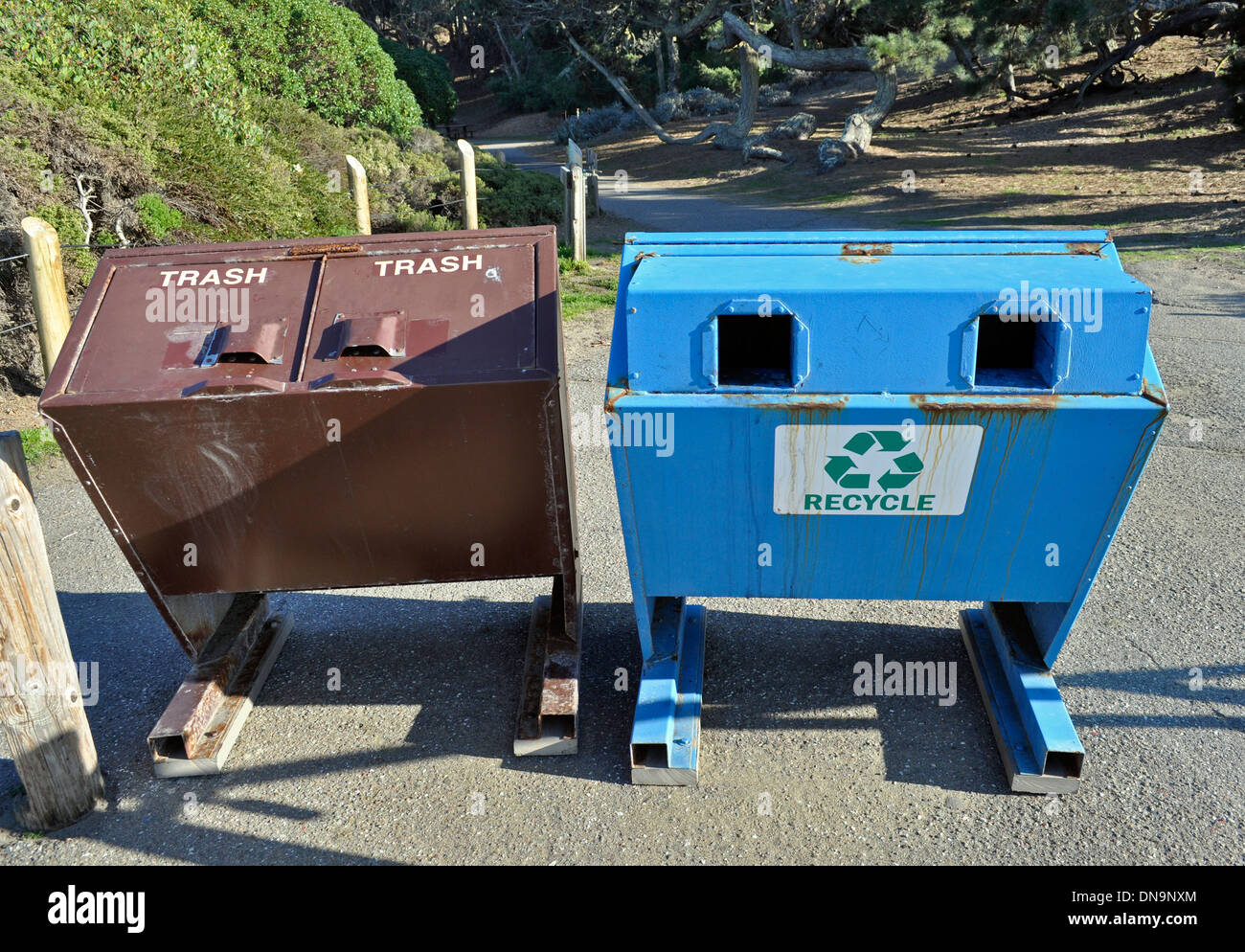 Il cestino e riciclare contenitori Al Baker Beach, San Francisco Foto Stock