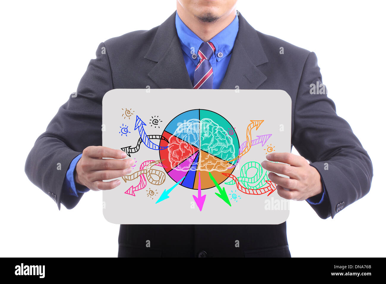 Imprenditore mostrano il cervello di creative con bordo bianco. Foto Stock