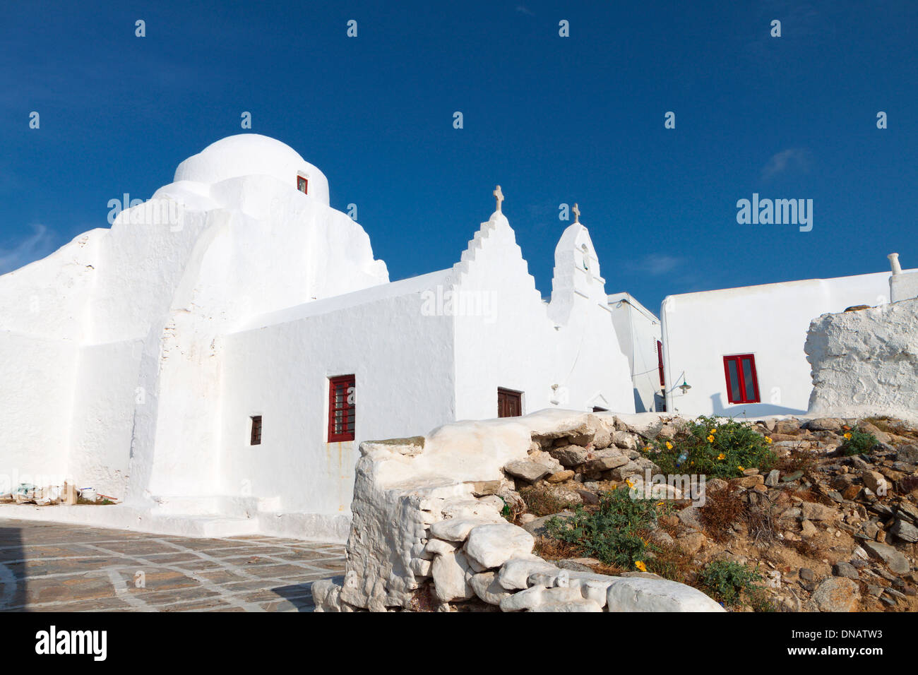 Vecchia chiesa di Panagia Paraportiani all'isola di Mykonos in Grecia Foto Stock