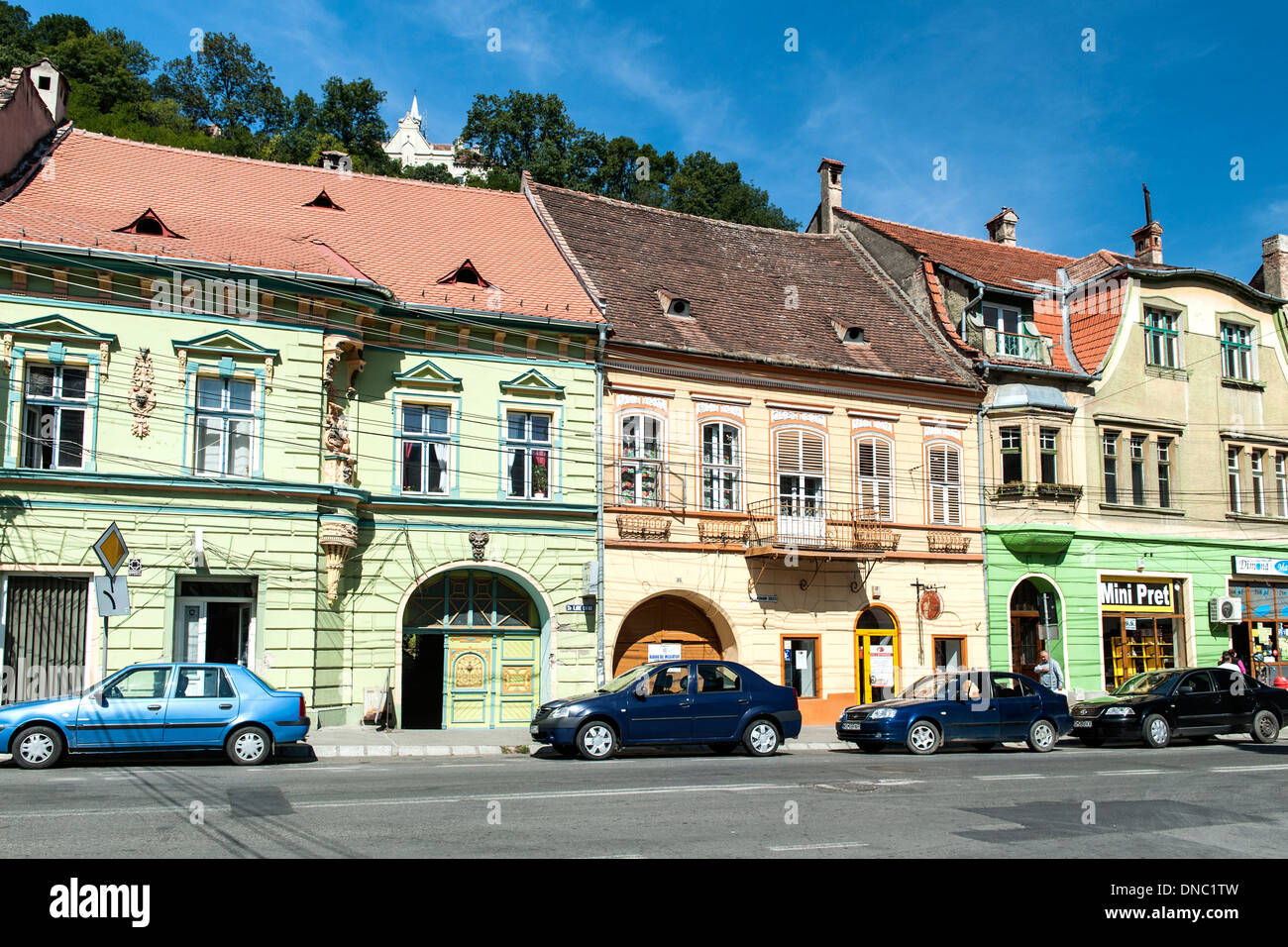 Morii Street nella città di Sighișoara nella regione della Transilvania del centro di Romania. Foto Stock