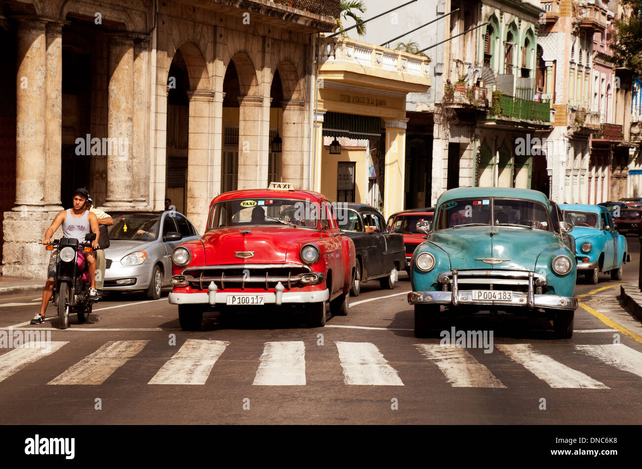 Vecchia auto americane a un attraversamento pedonale nel centro di Avana, Cuba, Caraibi, America Latina Foto Stock