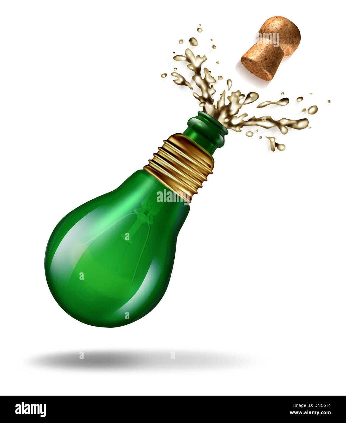 Celebrazione idee concetto come una bottiglia di Champagne è conformato come una lampadina con spruzzi e battenti cork esplosione come un simbolo della parte creativa di pianificazione per un occasione importante come il Capodanno o il successo di un risultato creativo a stappare il vetro. Foto Stock