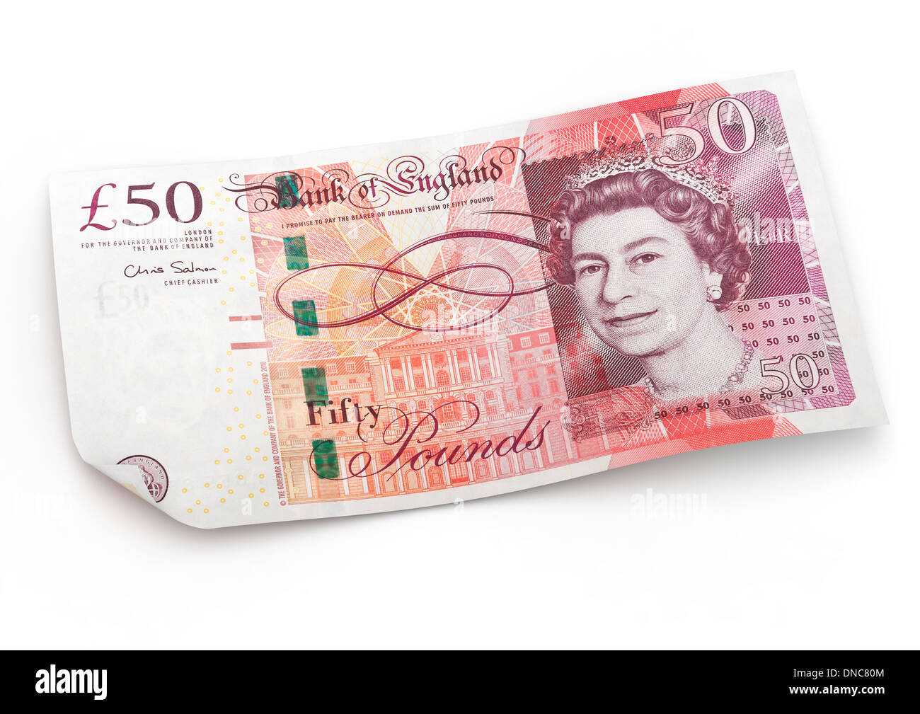 MONEY 50 Pound Note su sfondo bianco - Cutout Foto Stock