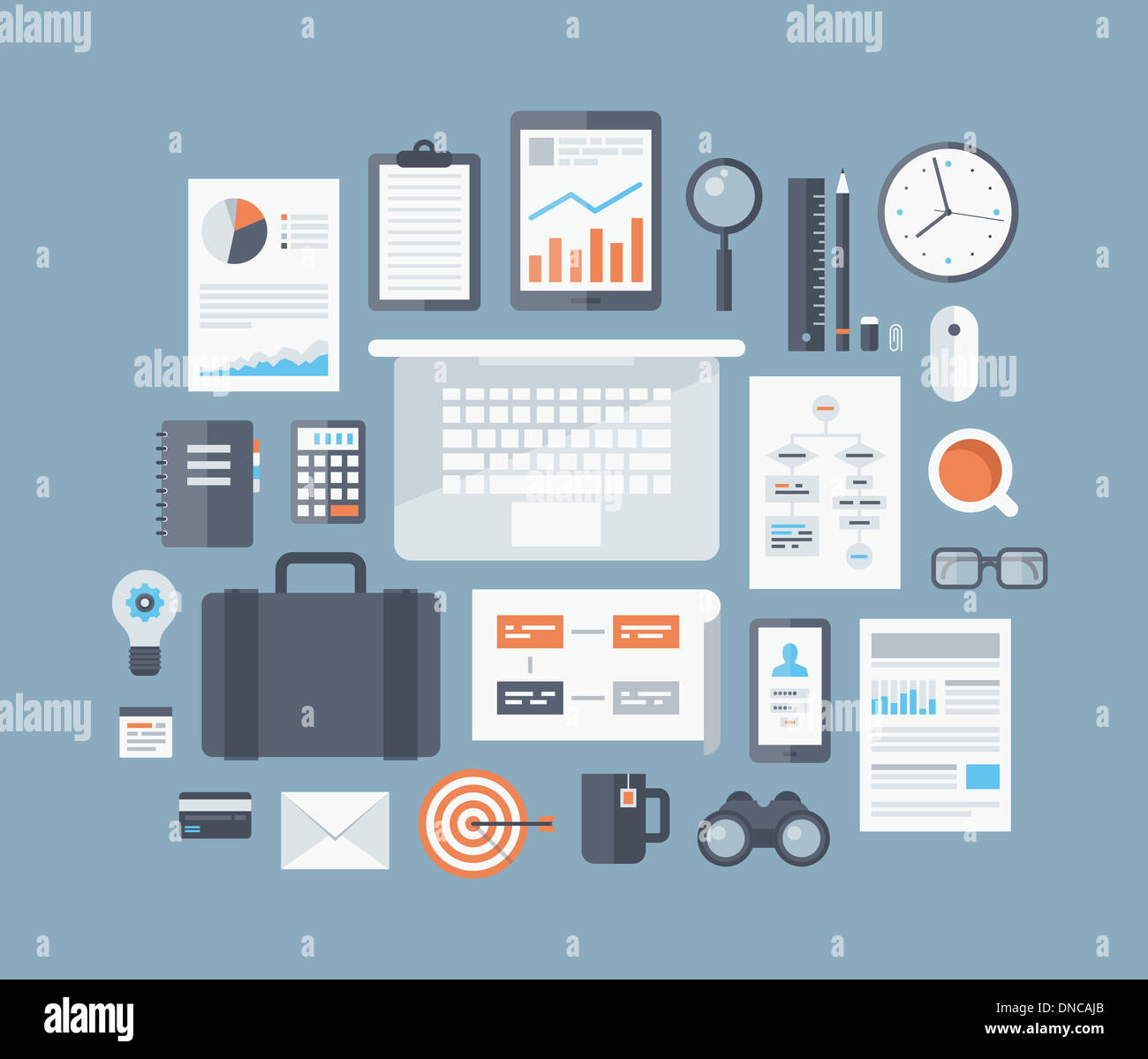 Moderno design illustrazione piana concetto di business gli elementi del flusso di lavoro e gli elementi, ufficio le cose e attrezzature Foto Stock Moderno design illustrazione piana concetto di business gli elementi del flusso di lavoro e gli elementi, ufficio le cose e attrezzature Foto Stock