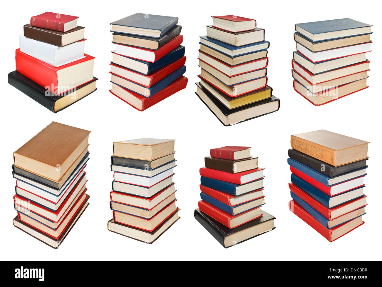 Impostare da angolazioni diverse pile di libri isolati su sfondo bianco Foto Stock