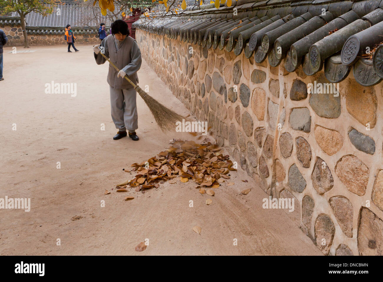 Femmina monaco buddista ampie foglie sul tempio motivi - Gyeongju, Corea del Sud Foto Stock