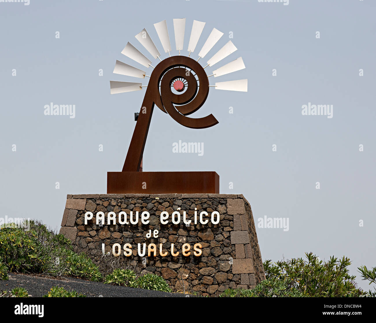 Segno in ingresso al Parque Eolico wind farm, Los Valles, Lanzarote, Isole Canarie, Spagna Foto Stock