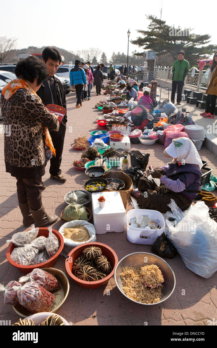 Vegan mercato degli agricoltori al di fuori del tempio buddista - Gyeongju, Corea del Sud Foto Stock