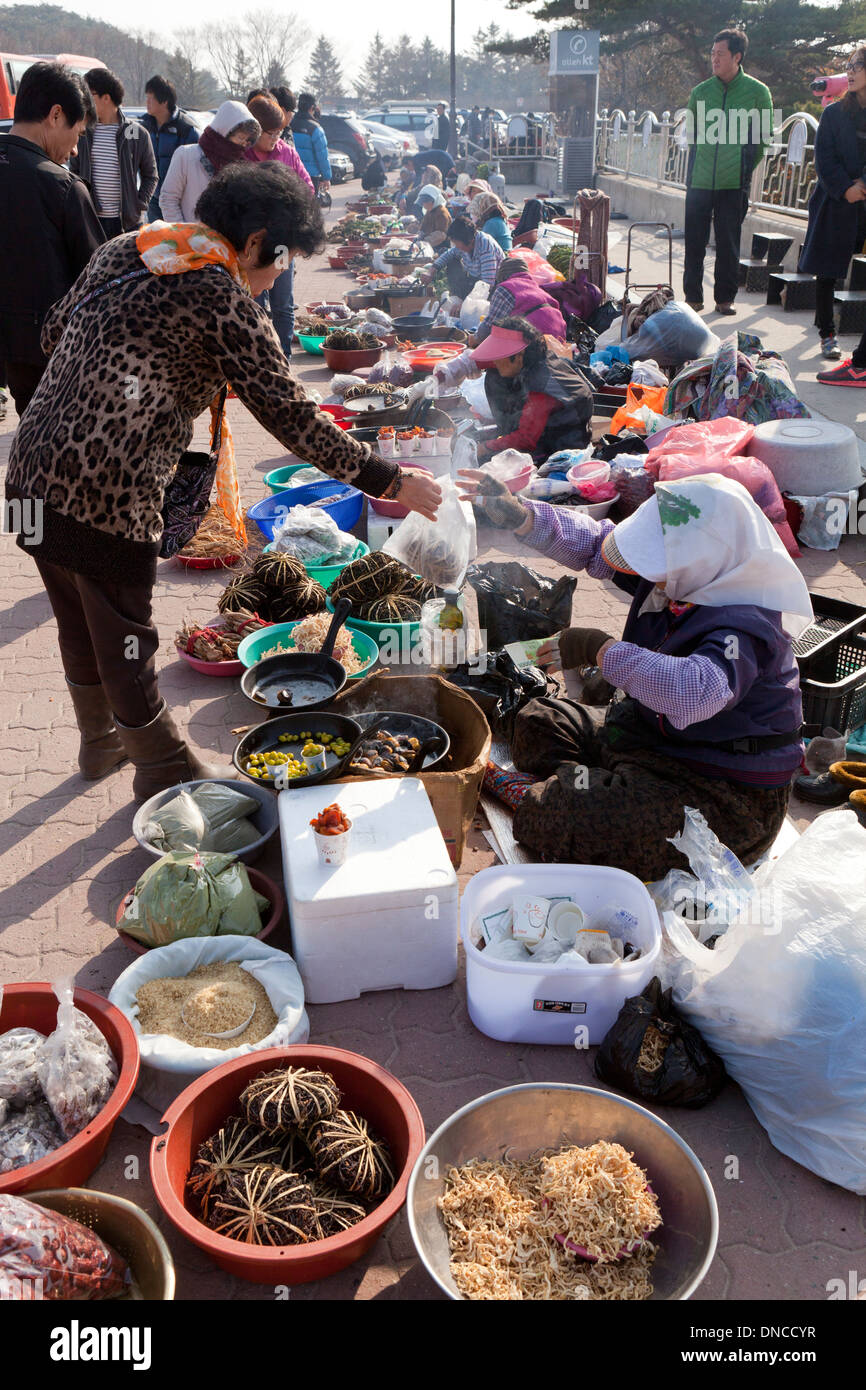 Vegan mercato degli agricoltori al di fuori del tempio buddista - Gyeongju, Corea del Sud Foto Stock