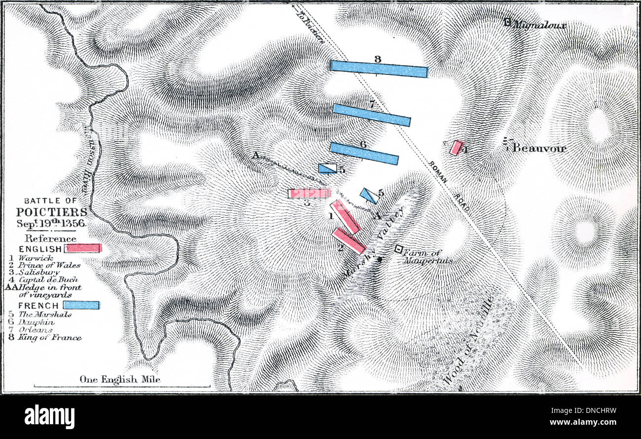 Battaglia di Poictiers (Poitiers), 19 settembre 1356. Mappa di Piano Battaglia. Pubblicato 1899. Foto Stock
