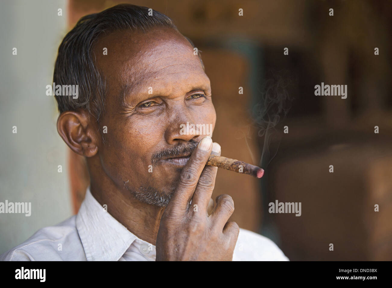 Primo piano di un uomo tribale che fuma bidi, una sigaretta fatta a mano indiana fatta di tabacco o foglie di beedi, Orissa, India. Facce rurali dell'India Foto Stock