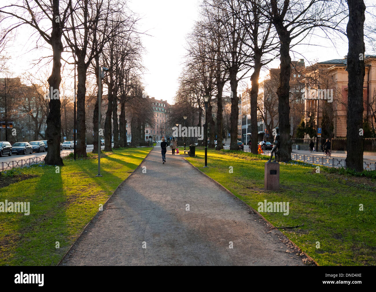 Un pareggiatore di sera corre fino la centrale di prenotazione parco del boulevard Karlavägen, nel centro di Stoccolma, Svezia Foto Stock