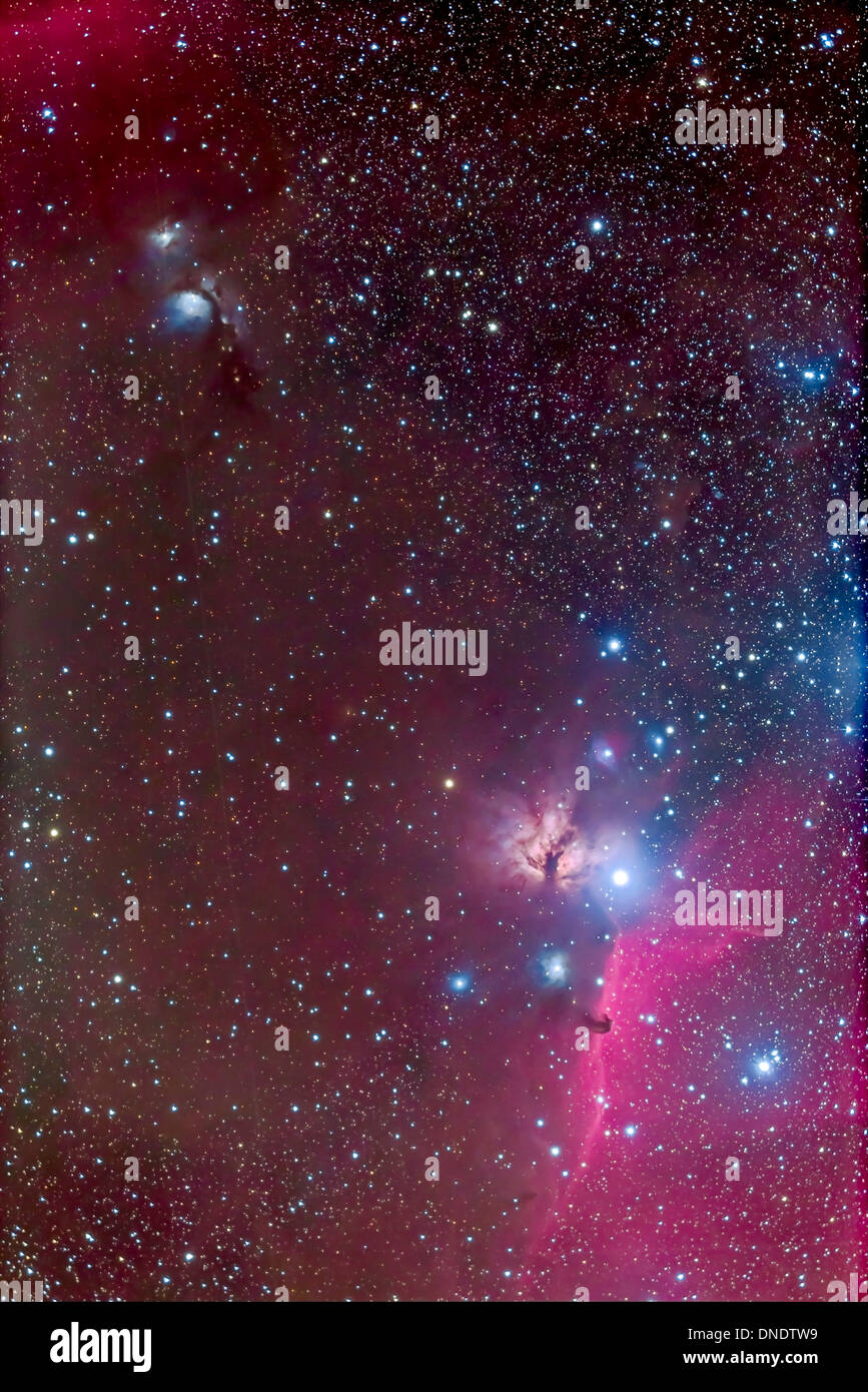 Area intorno alla cintura di Orione con la Horsehead e nebulosa Fiamma. Foto Stock