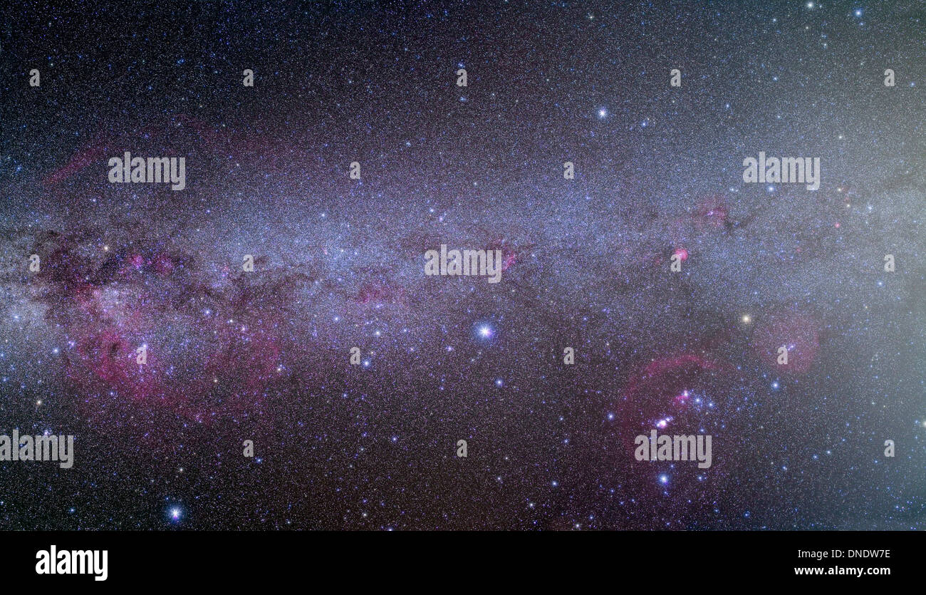 Mosaico del sud della Via Lattea da Orion (destra) a Vela (sinistra) prendendo in carina e nocciolo (centro). Foto Stock