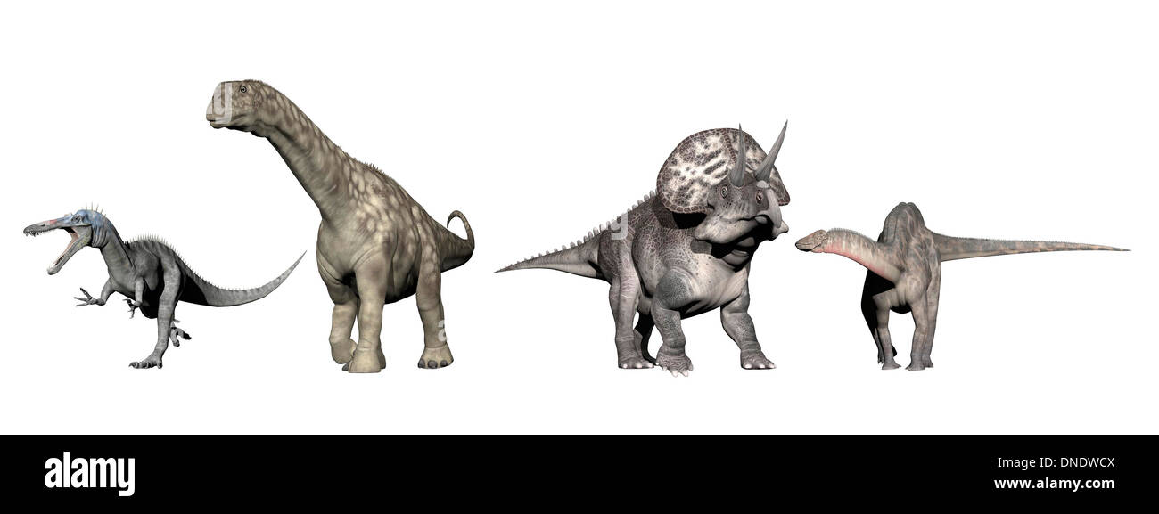 Da sinistra a destra: Suchomimus, Argentinosaurus, Zuniceratops, Dicraeosaurus Foto Stock