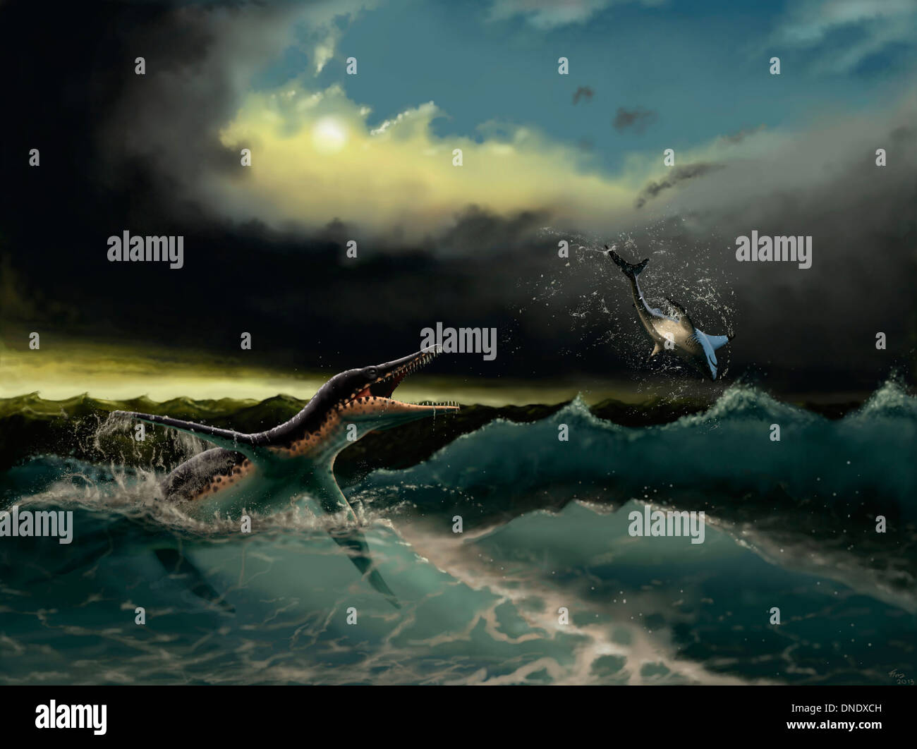 Pliosaurus irgisensis attaccando uno squalo. Foto Stock