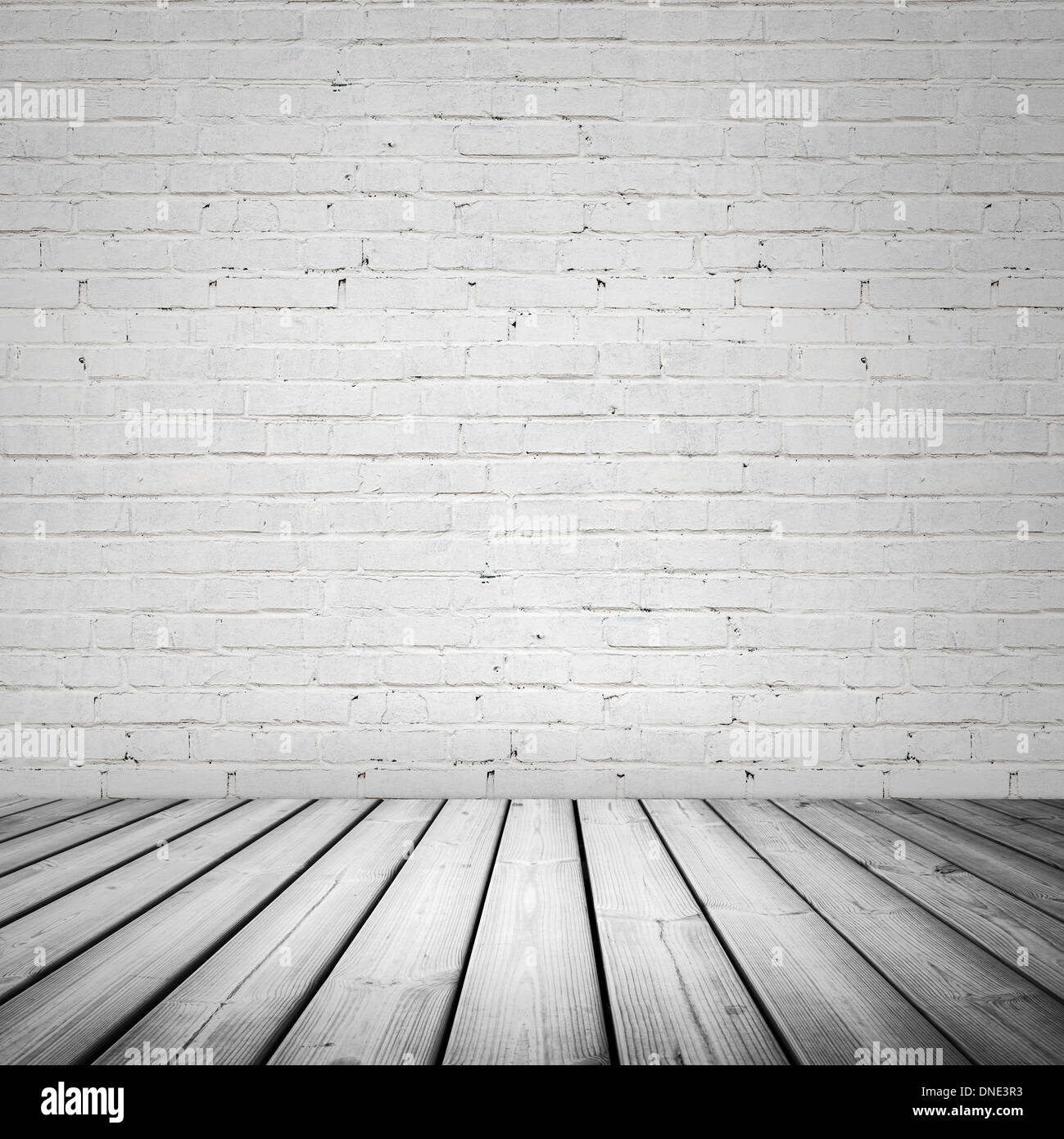 Abstract interno bianco con pavimento in legno e muro di mattoni Foto Stock