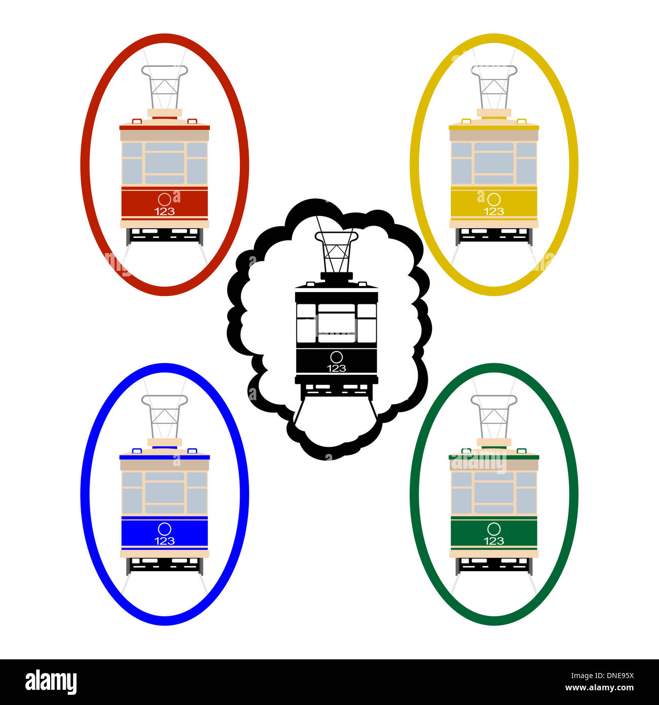 Le icone con l'immagine dei trasporti pubblici. La figura su uno sfondo bianco. Foto Stock