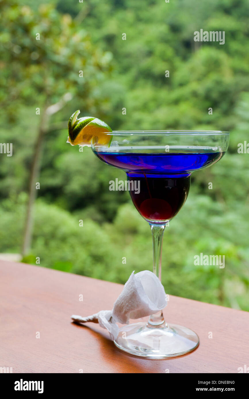 Blue rain forest drink servito su un listello di legno con la giungla in background Foto Stock