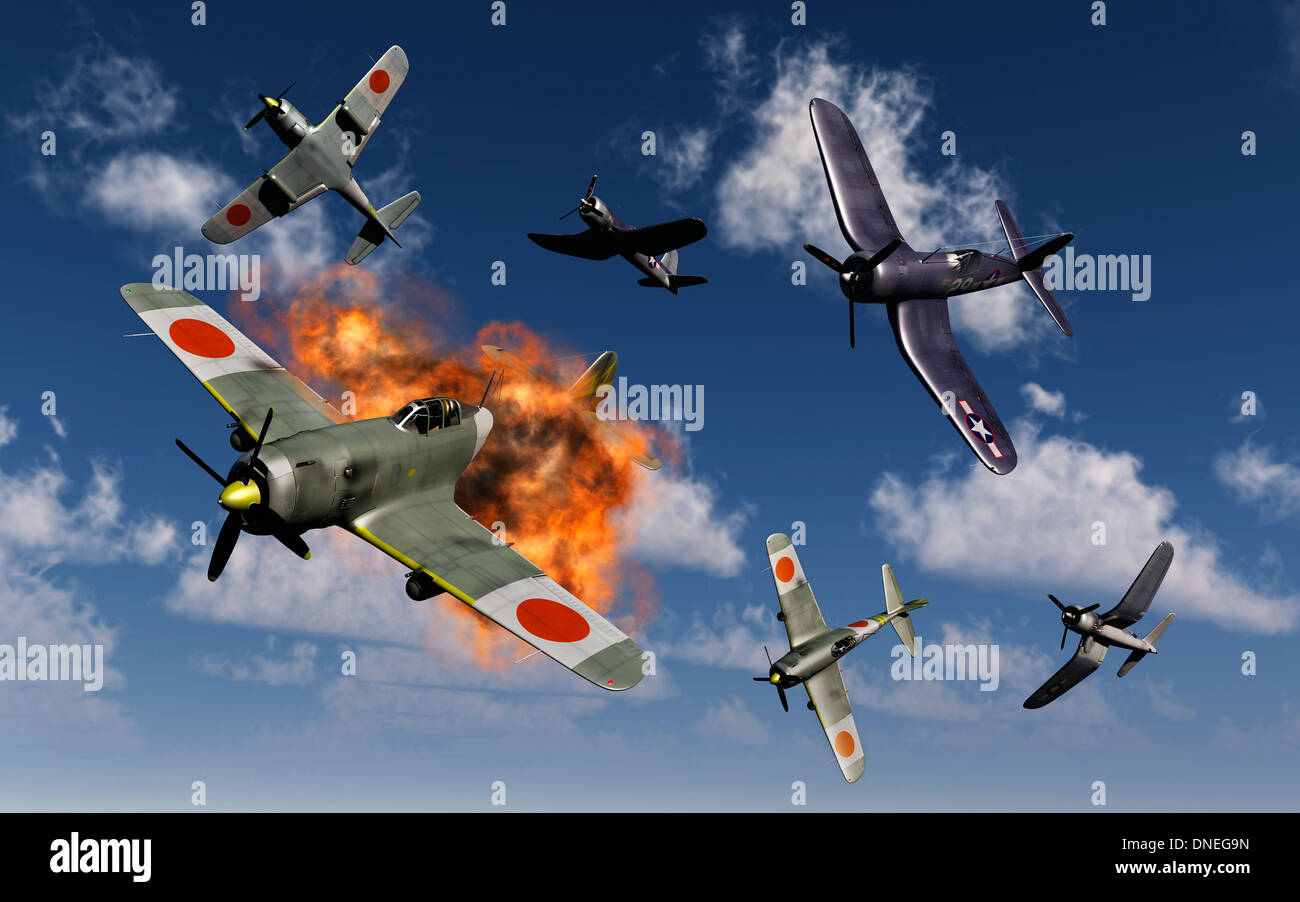 American f4u corsari e giapponese Nakajima ki-84 hayata fighters uno contro l'altro. Foto Stock