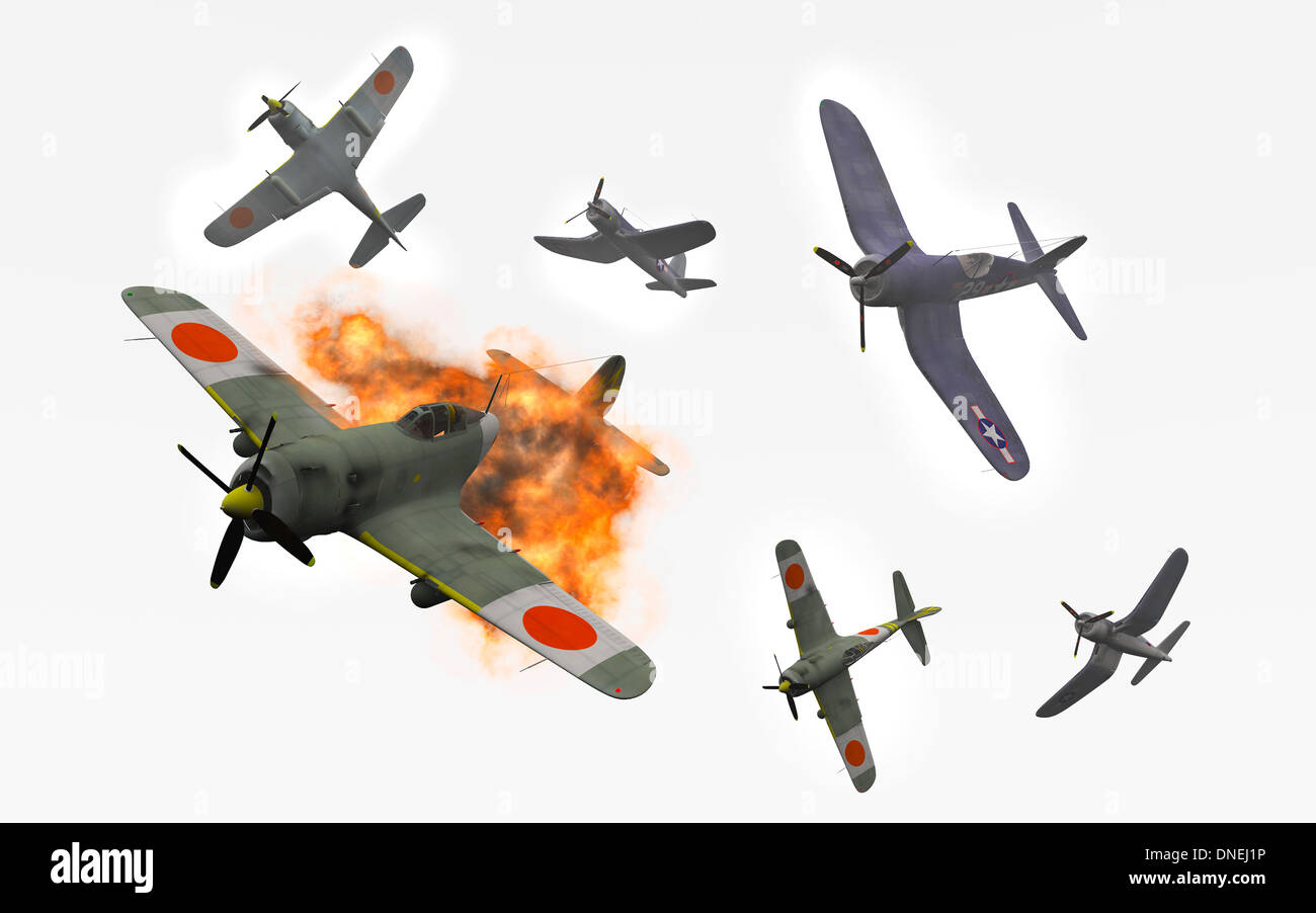 American f4u corsari e giapponese Nakajima ki-84 hayata fighters uno contro l'altro. Foto Stock
